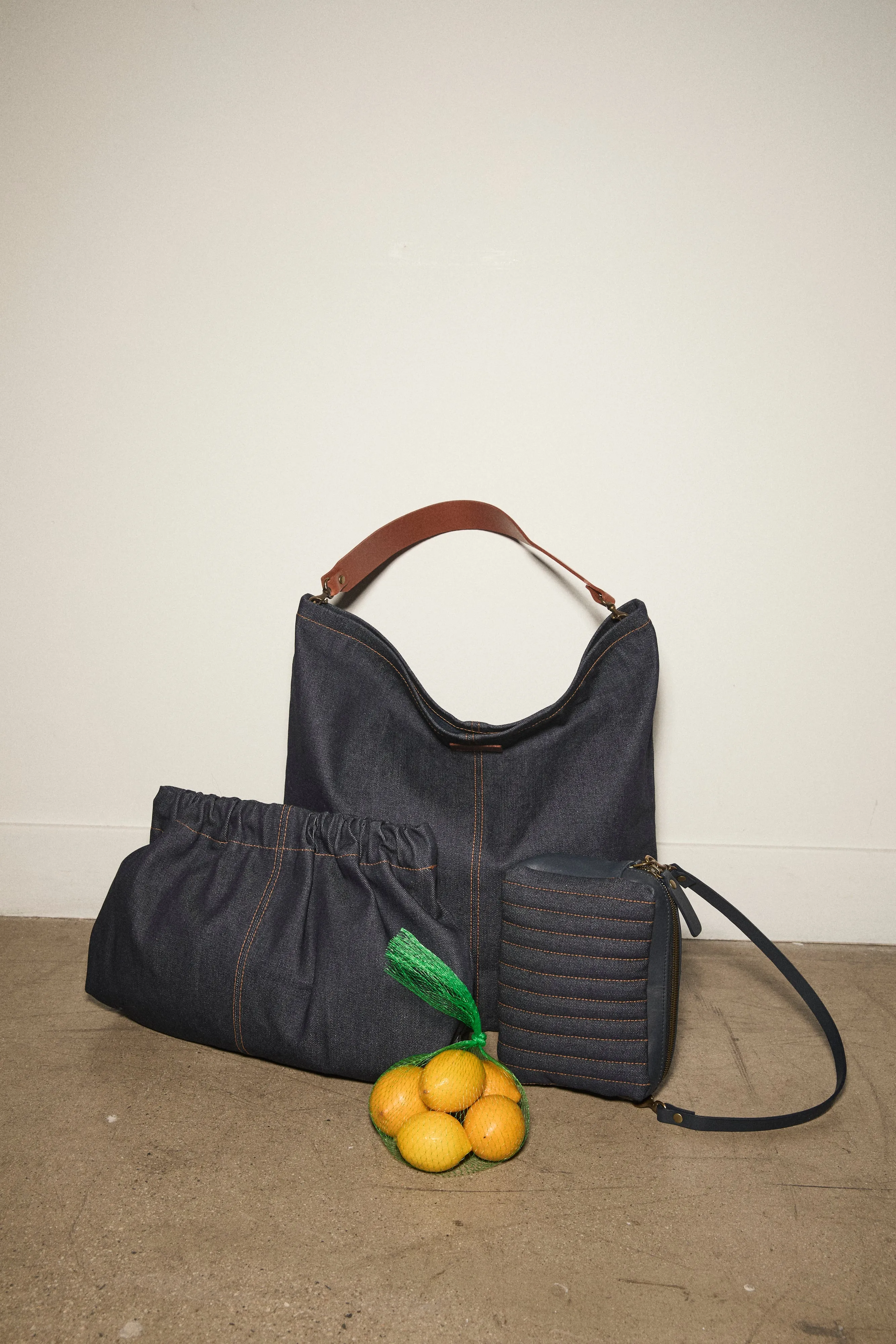 Amelia - Quilted Denim with Navy Leather