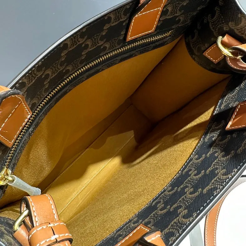 Celine Brown Pattern Canvas Shoulder Bag with Tan Leather Straps