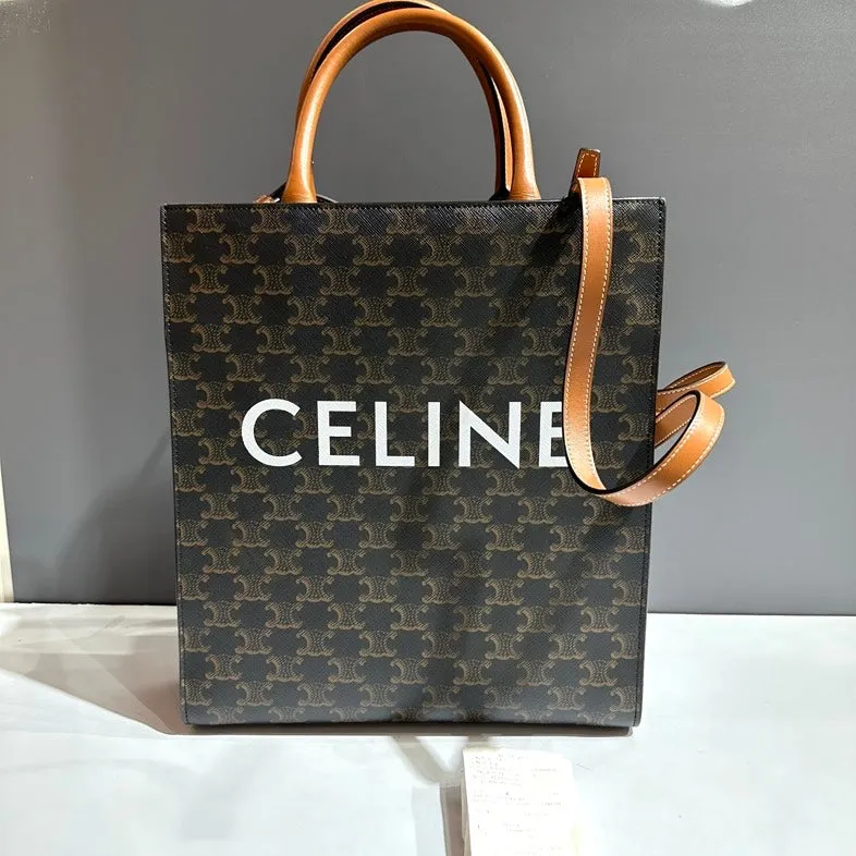 Celine Brown Pattern Canvas Shoulder Bag with Tan Leather Straps