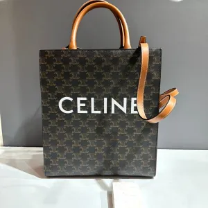 Celine Brown Pattern Canvas Shoulder Bag with Tan Leather Straps