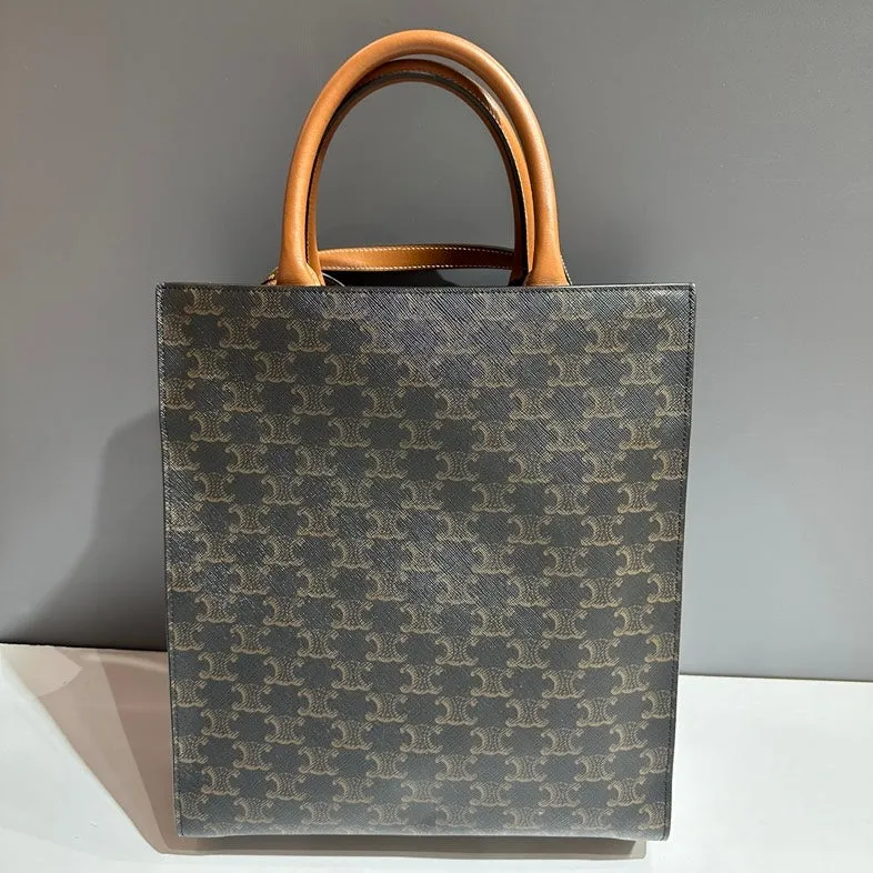Celine Brown Pattern Canvas Shoulder Bag with Tan Leather Straps