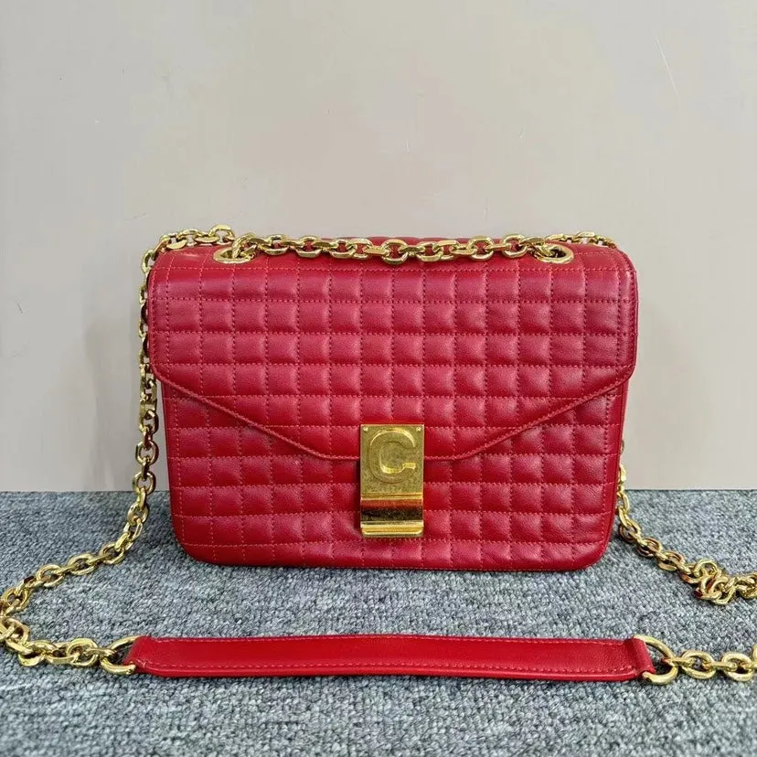 Celine Classic Red Quilted Leather Chain Shoulder Bag Medium