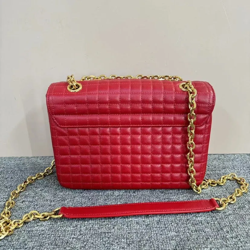 Celine Classic Red Quilted Leather Chain Shoulder Bag Medium