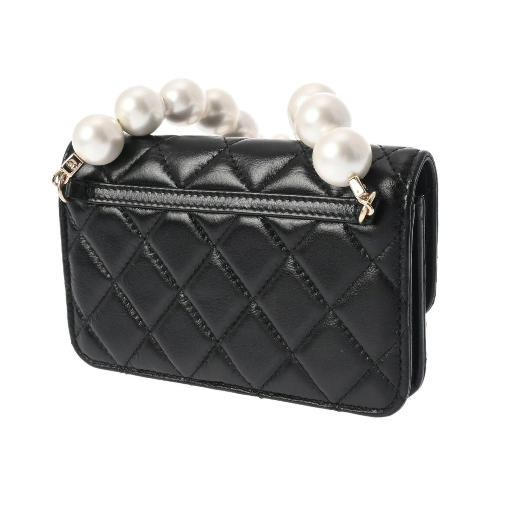 CHANEL Chanel Matelasse Pearl Chain Shoulder Black Champagne AP1839 Women's Lambskin Bag