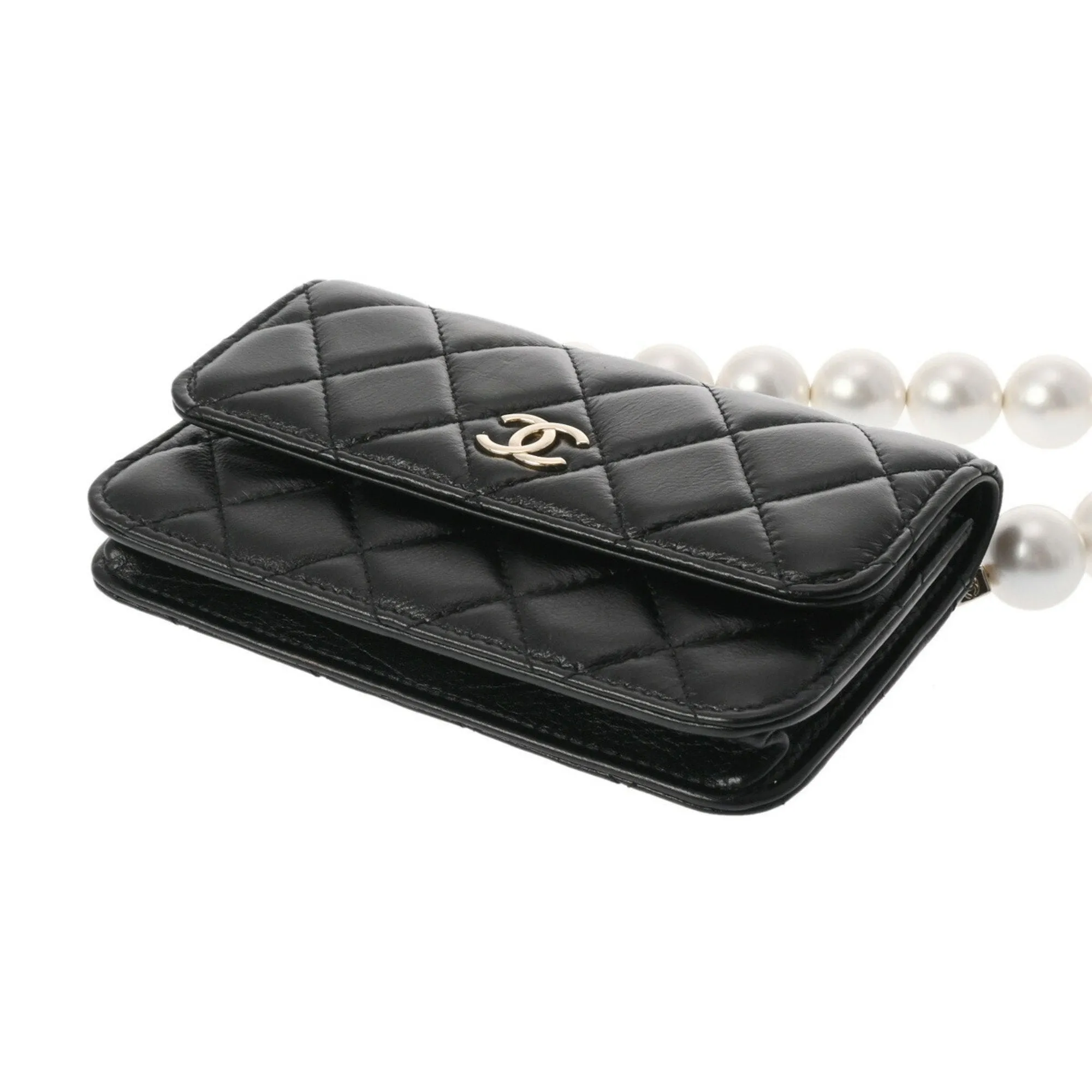 CHANEL Chanel Matelasse Pearl Chain Shoulder Black Champagne AP1839 Women's Lambskin Bag