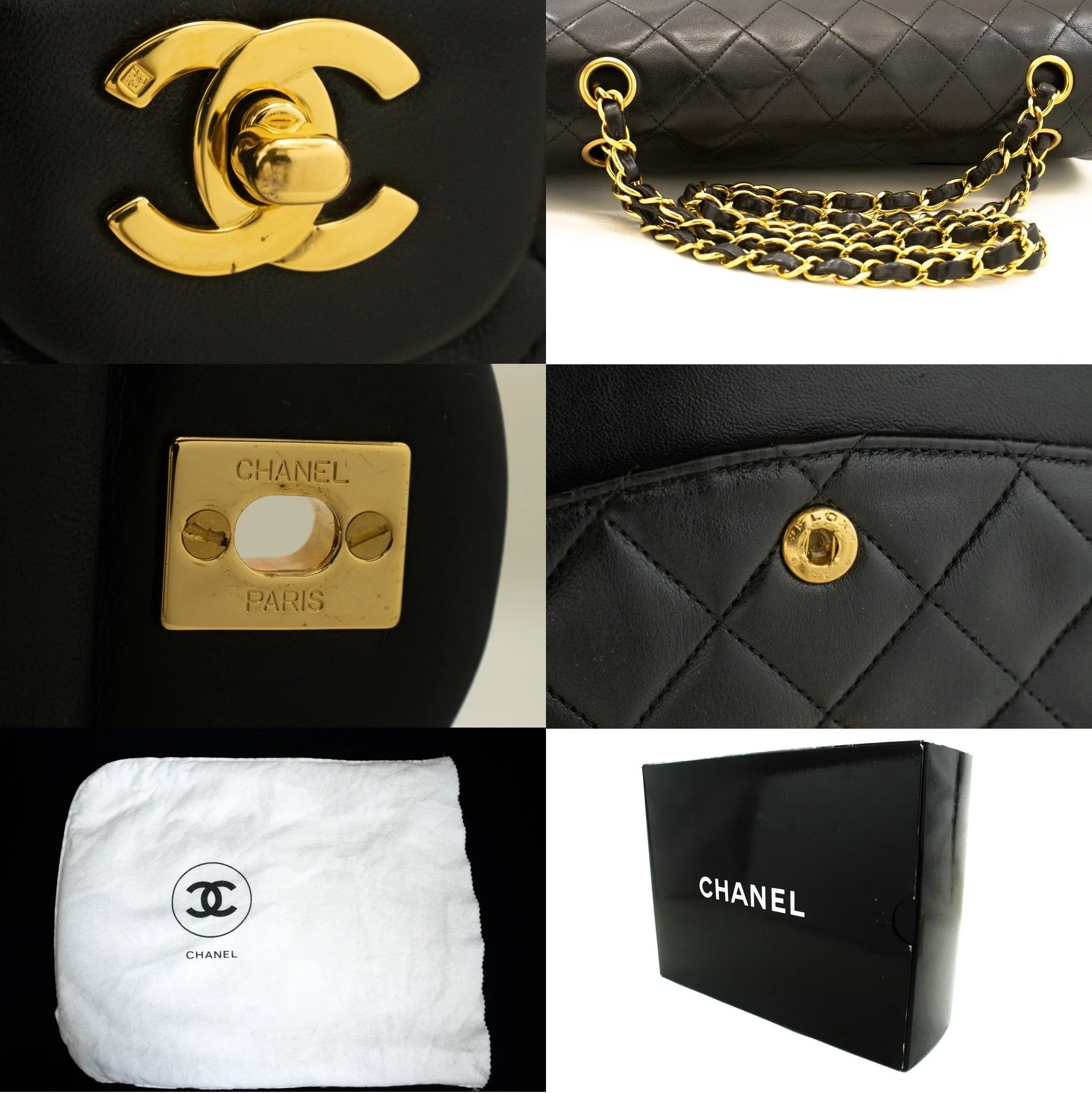 CHANEL Classic Double Flap 10" Chain Shoulder Bag Black Lambskin