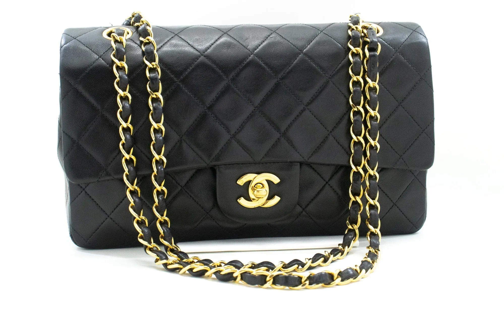 CHANEL Classic Double Flap 10" Chain Shoulder Bag Black Lambskin
