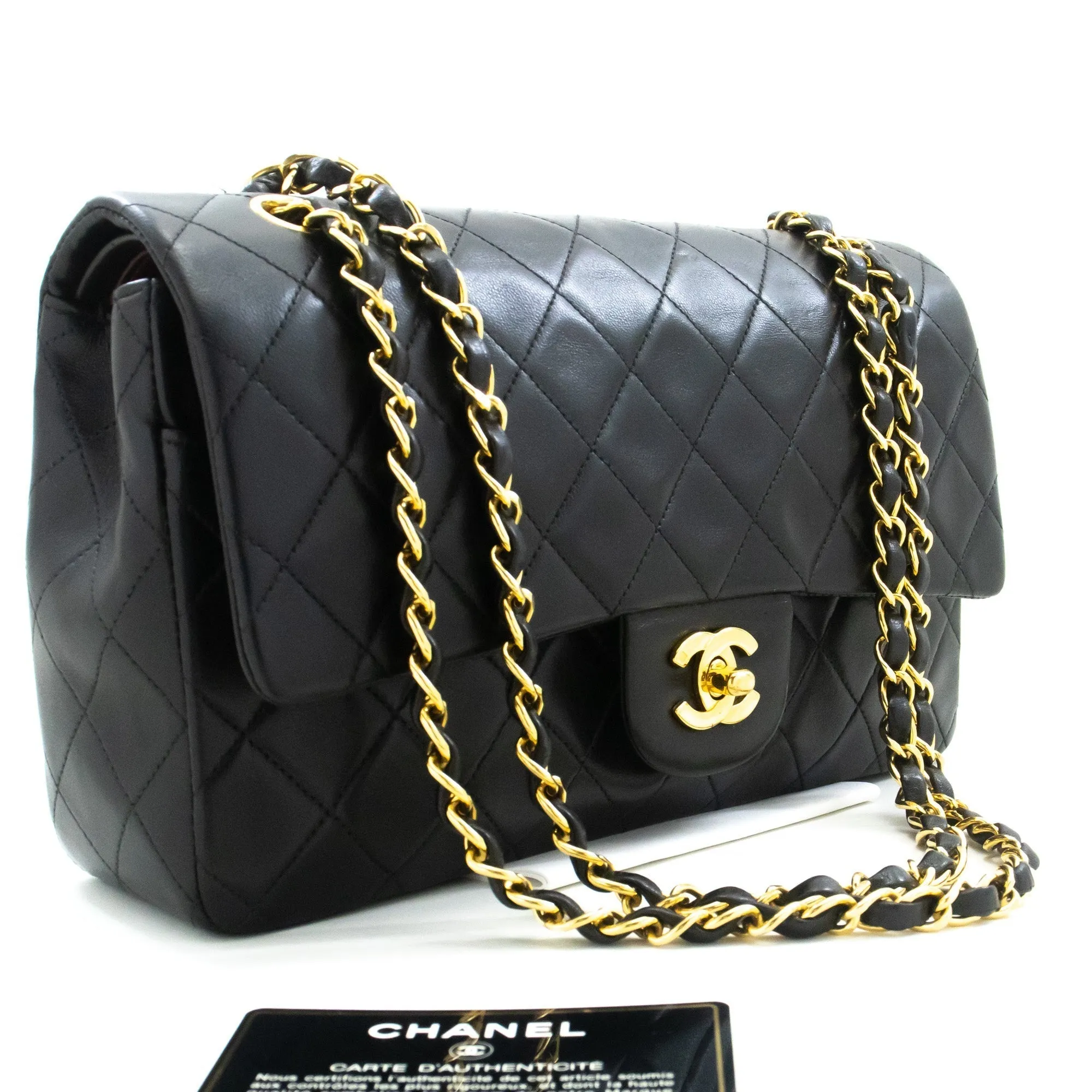 CHANEL Classic Double Flap 10" Chain Shoulder Bag Black Lambskin