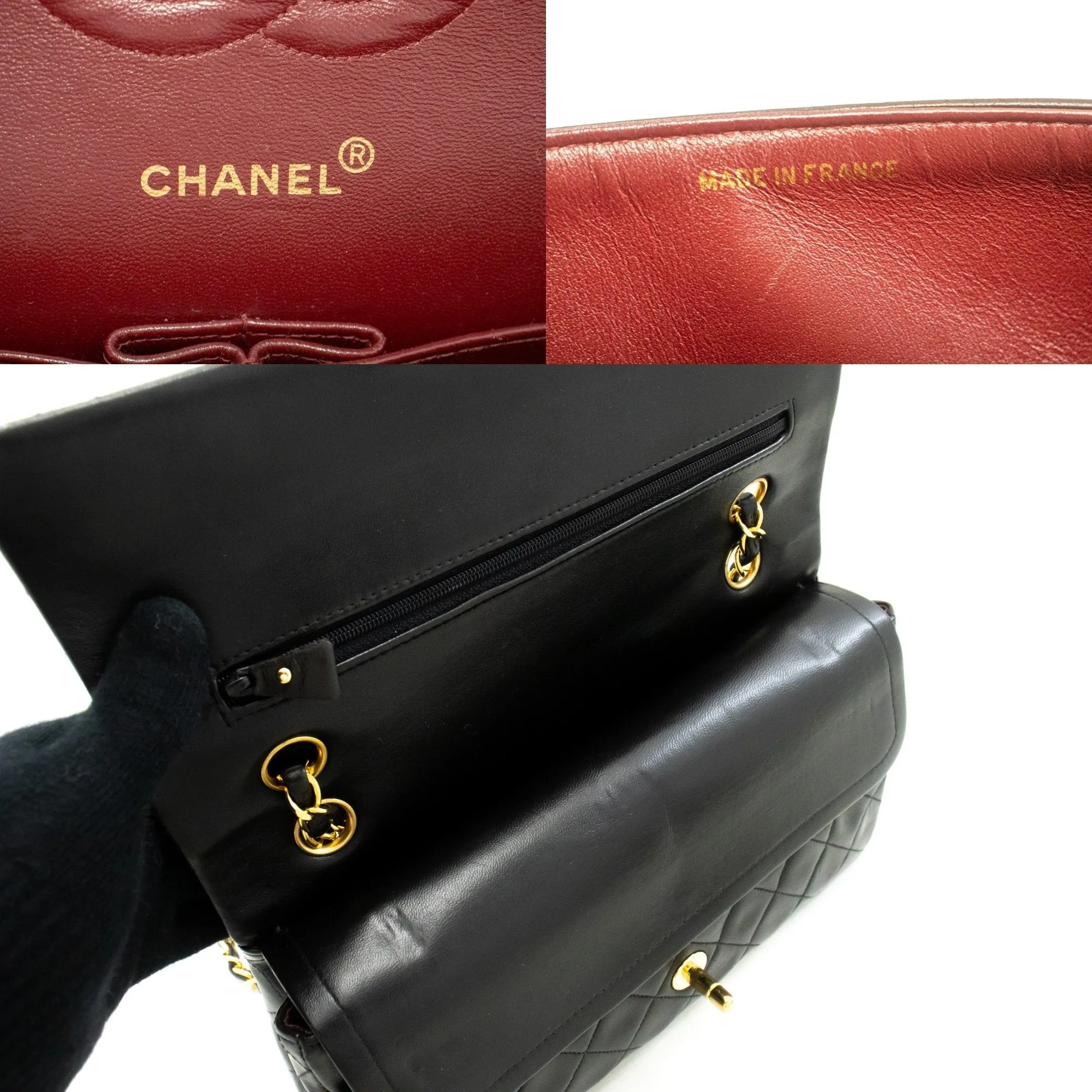 CHANEL Classic Double Flap 10" Chain Shoulder Bag Black Lambskin