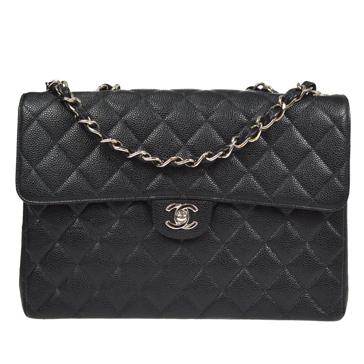 CHANEL Classic Flap Jumbo Double Chain Shoulder Bag Black Caviar 87978