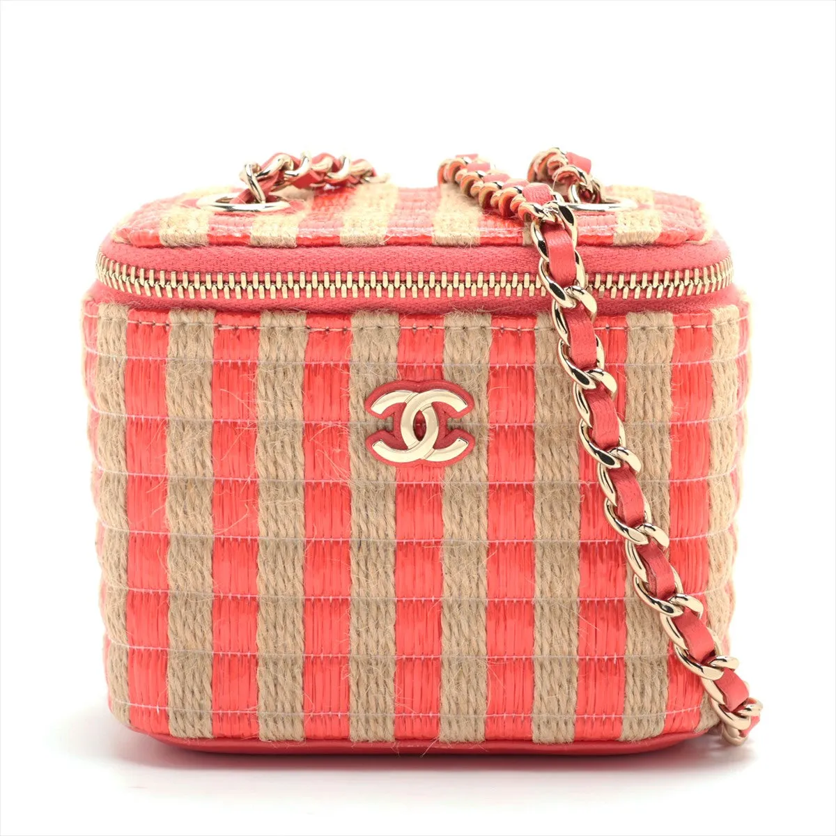 Chanel Coco Raphia Chain Shoulder Bag Vanity Beige X Red Silver G  31st Series