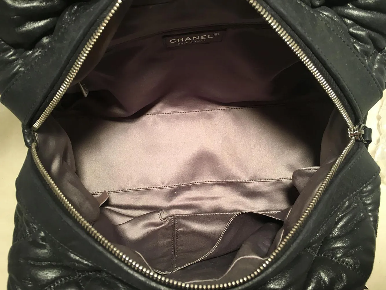 CHANEL Dark Gray Quilted Puffy Leather Shoulder Bag Tote