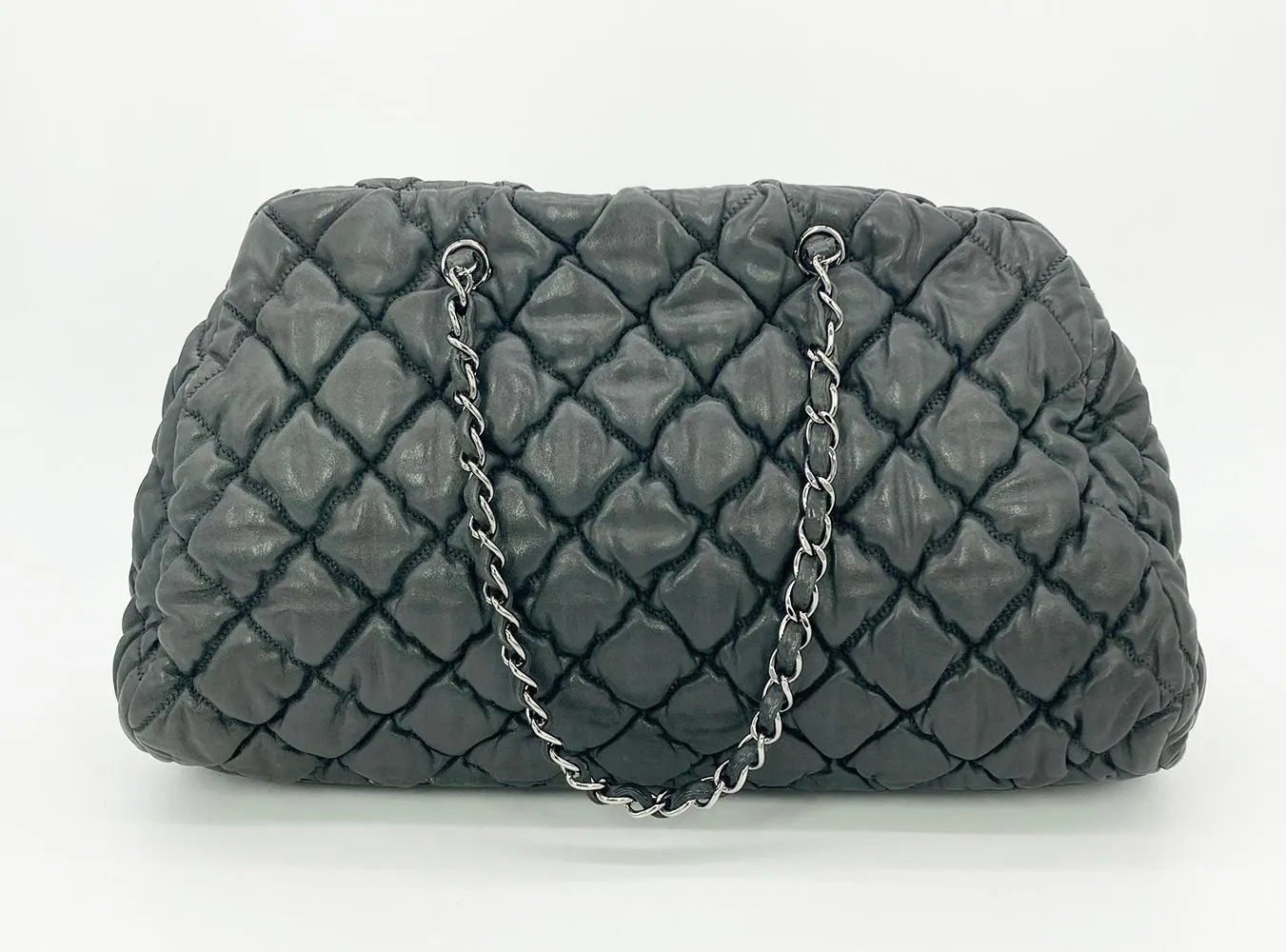 CHANEL Dark Gray Quilted Puffy Leather Shoulder Bag Tote