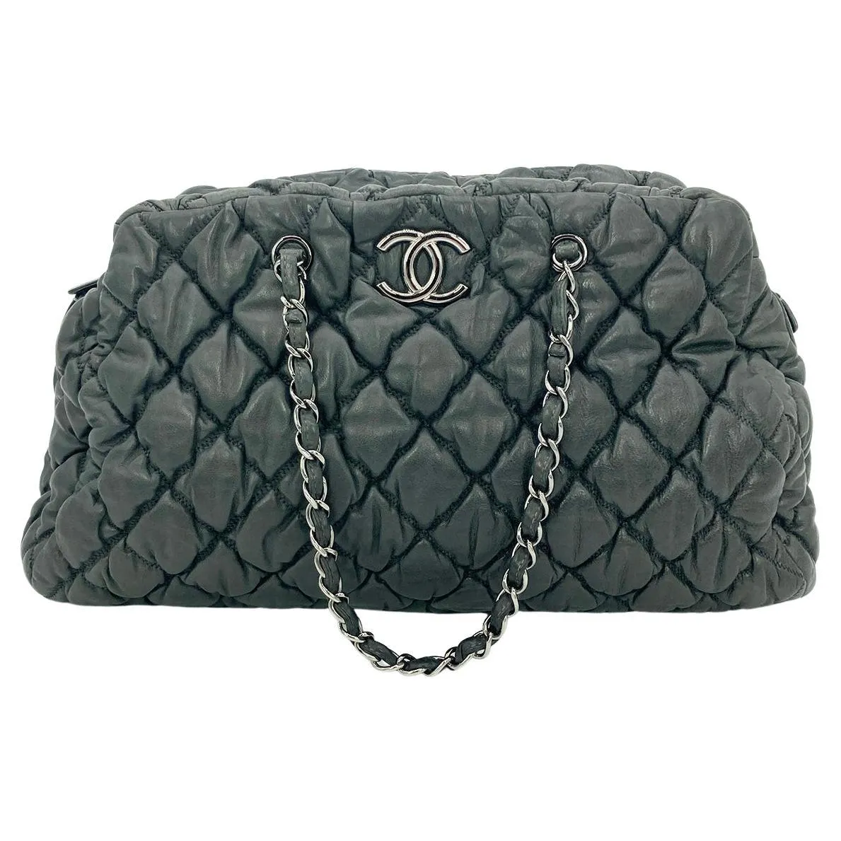 CHANEL Dark Gray Quilted Puffy Leather Shoulder Bag Tote