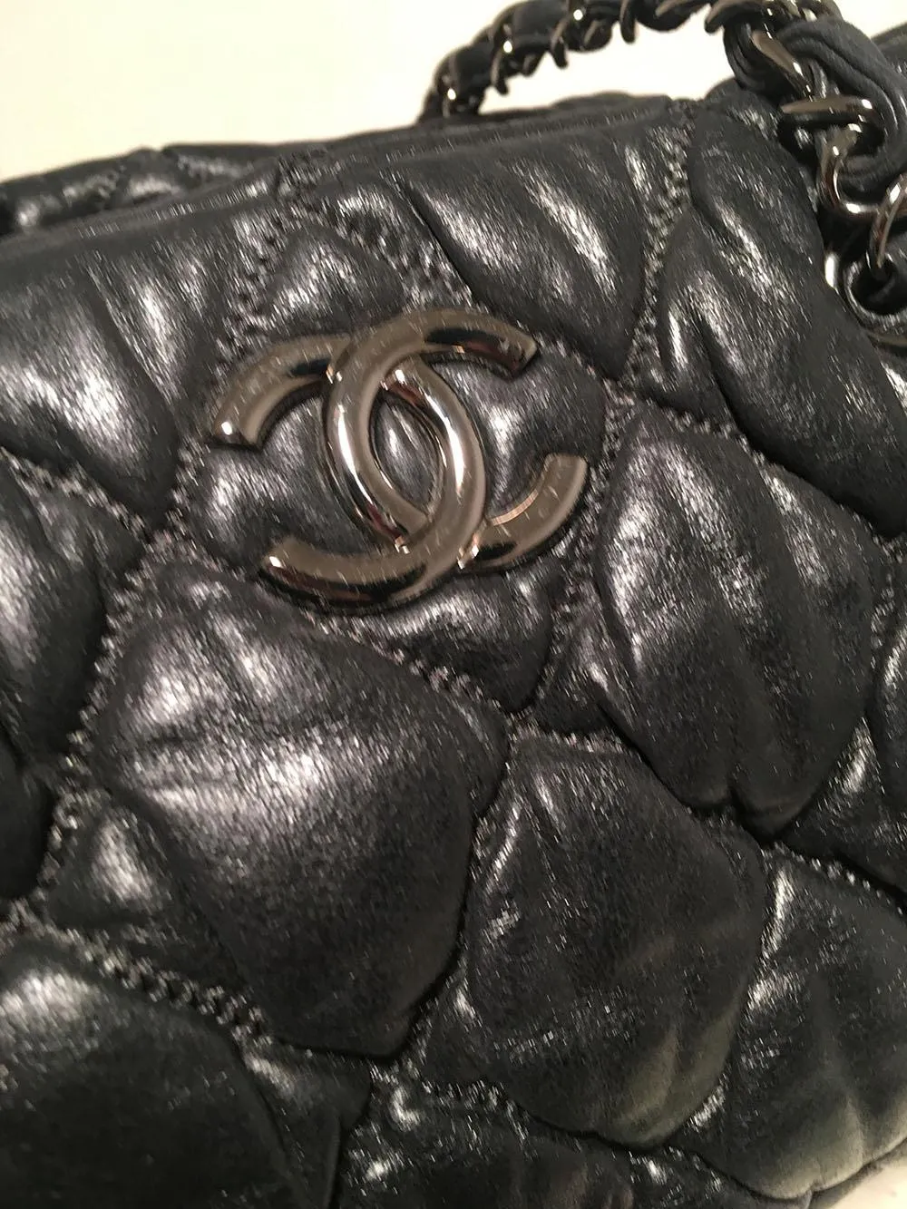 CHANEL Dark Gray Quilted Puffy Leather Shoulder Bag Tote