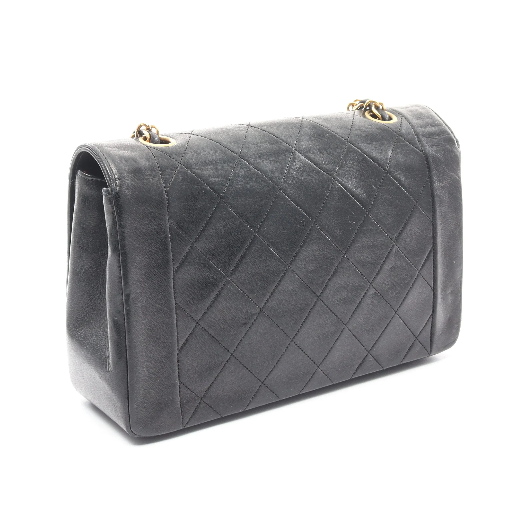 Chanel Diana Flap Chain Shoulder Bag Lambskin Black Gold Hardware Vintage 875930