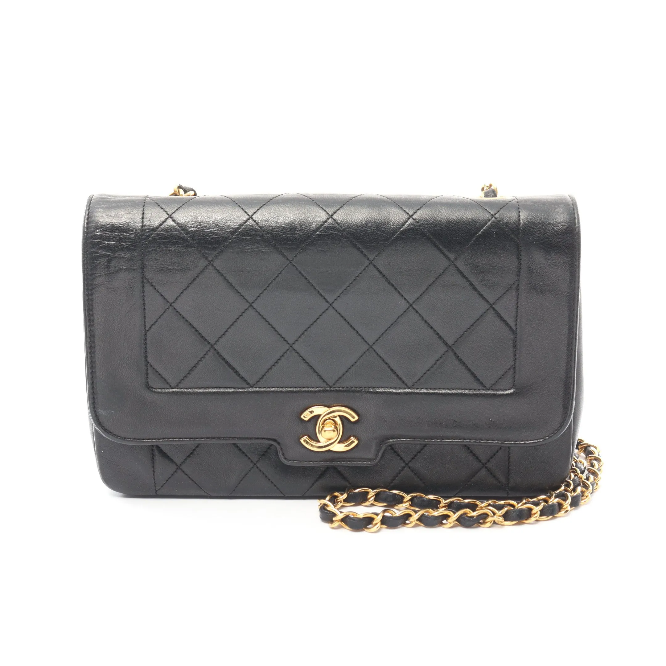 Chanel Diana Flap Chain Shoulder Bag Lambskin Black Gold Hardware Vintage 875930