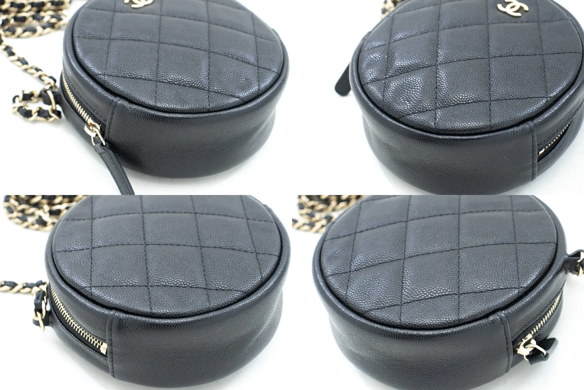 CHANEL Round Zip Caviar Small Chain Shoulder Bag Black Quilted