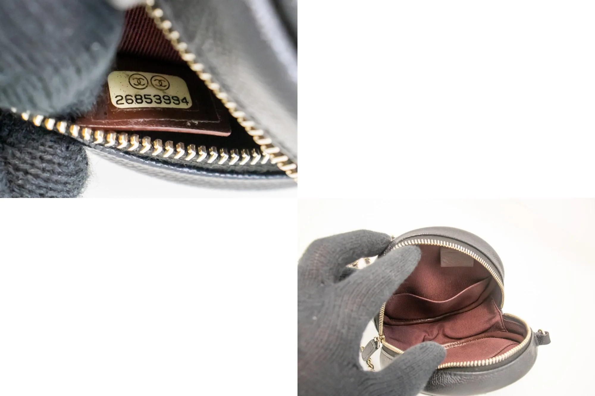 CHANEL Round Zip Caviar Small Chain Shoulder Bag Black Quilted