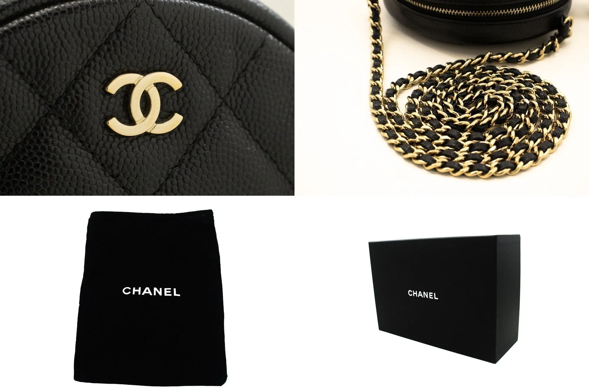 CHANEL Round Zip Caviar Small Chain Shoulder Bag Black Quilted
