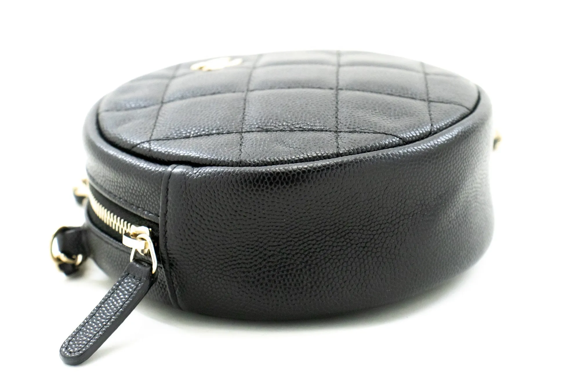CHANEL Round Zip Caviar Small Chain Shoulder Bag Black Quilted