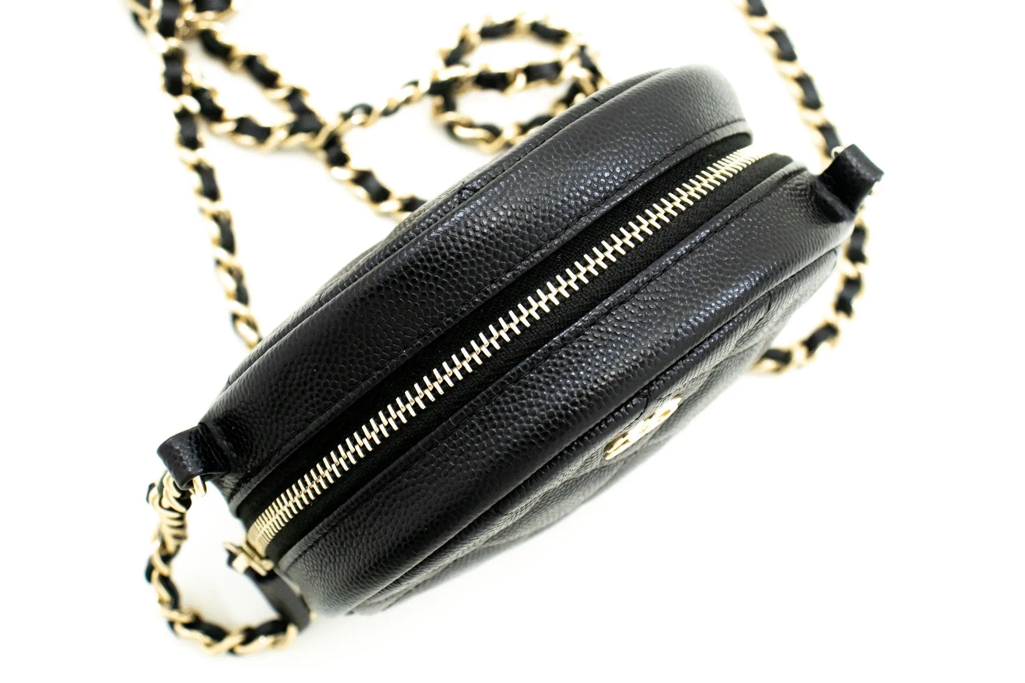 CHANEL Round Zip Caviar Small Chain Shoulder Bag Black Quilted