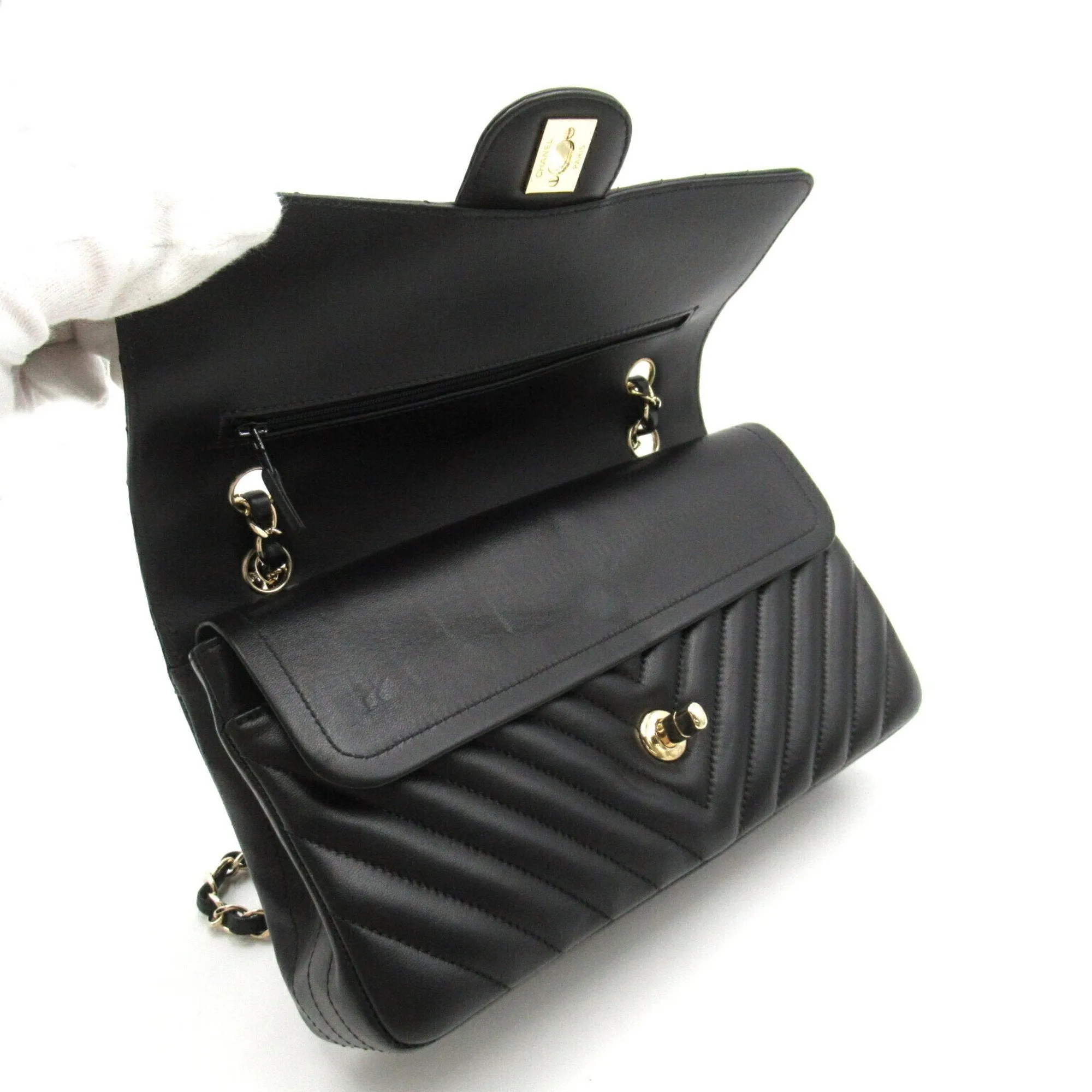 CHANEL V-stitched chain shoulder bag, lambskin, women's, black