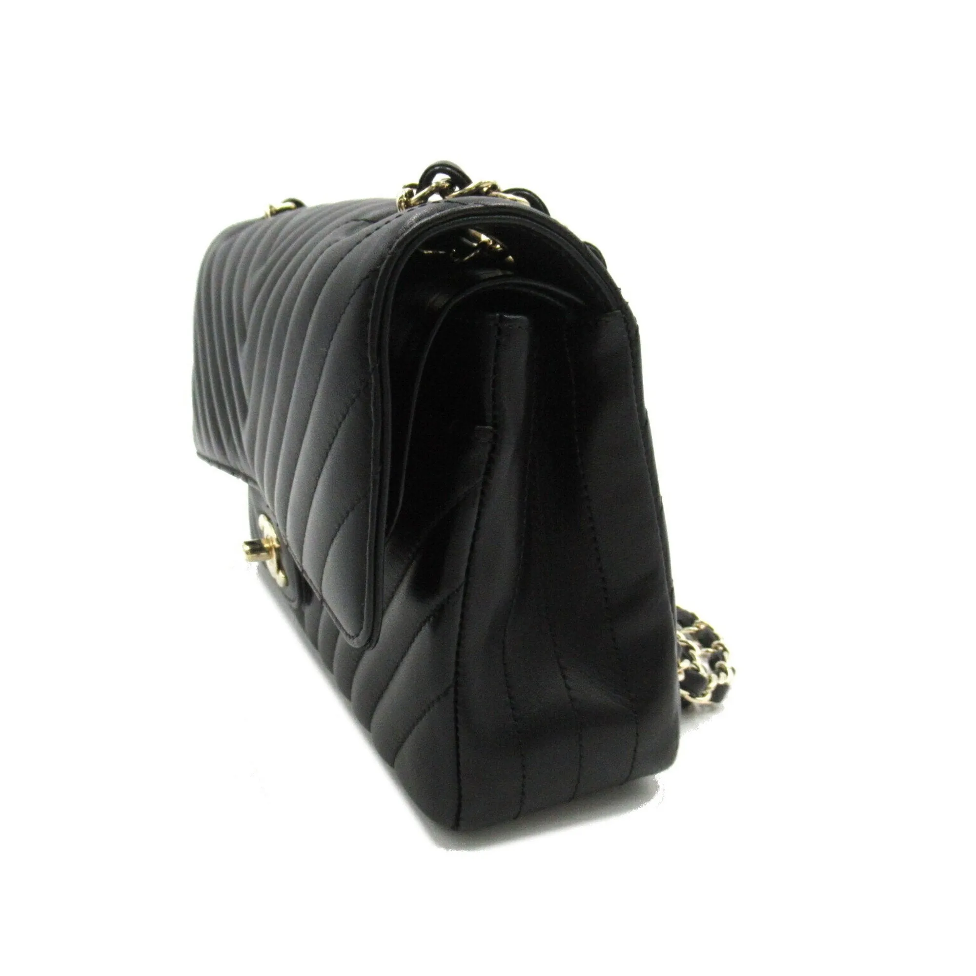 CHANEL V-stitched chain shoulder bag, lambskin, women's, black