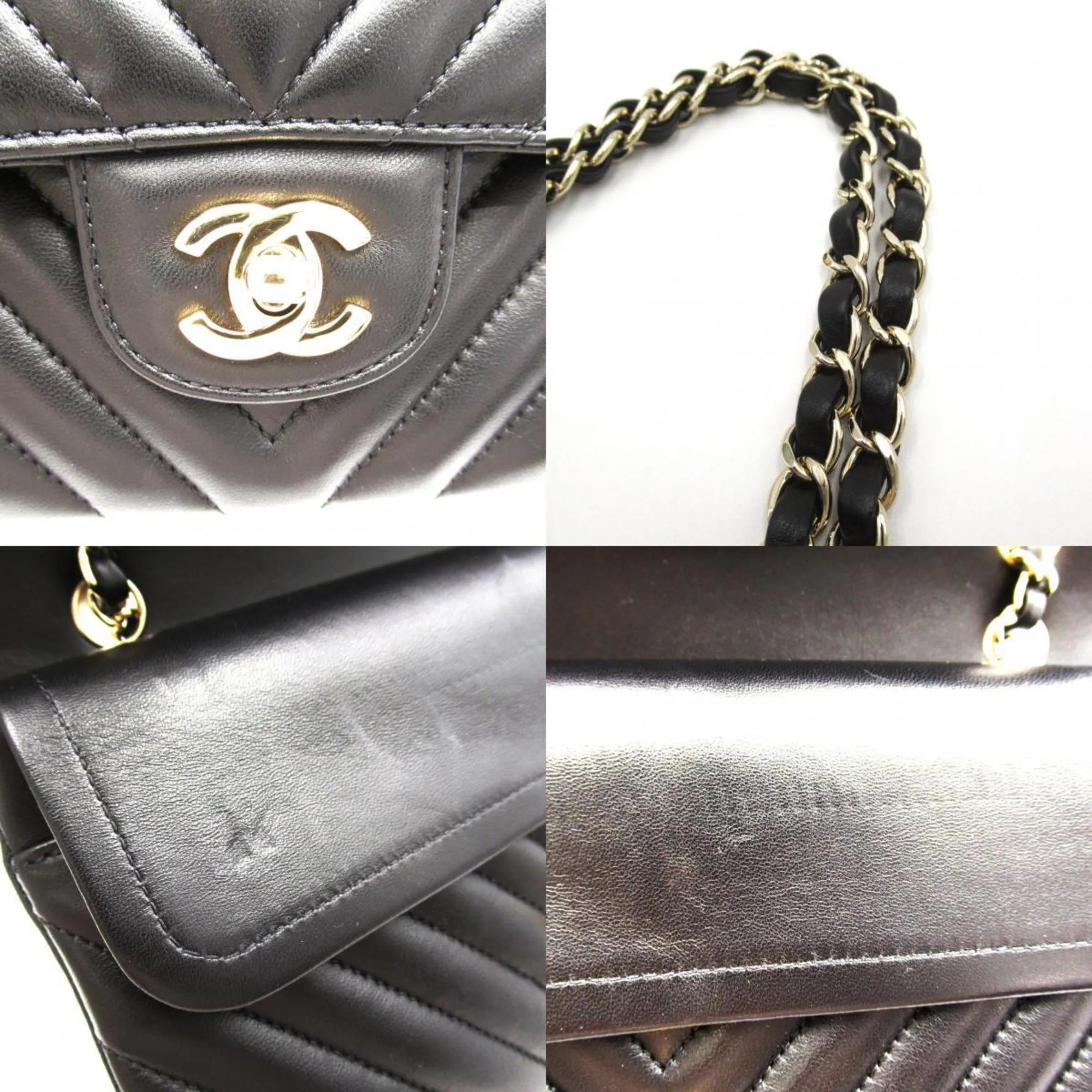 CHANEL V-stitched chain shoulder bag, lambskin, women's, black