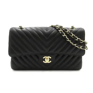 CHANEL V-stitched chain shoulder bag, lambskin, women's, black