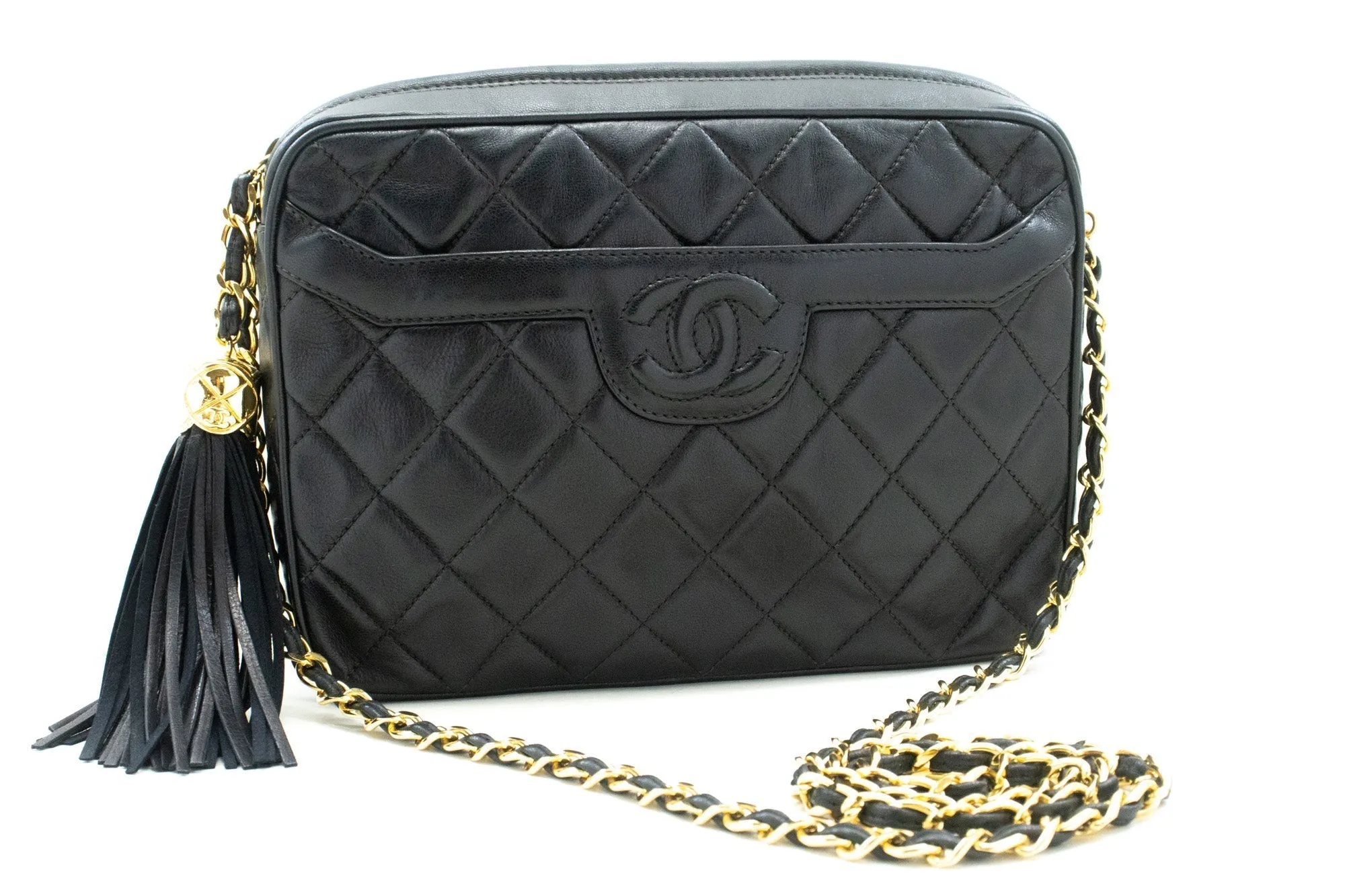 CHANEL Vintage Tassel Chain Shoulder Bag Black Quilted Zipper Lamb