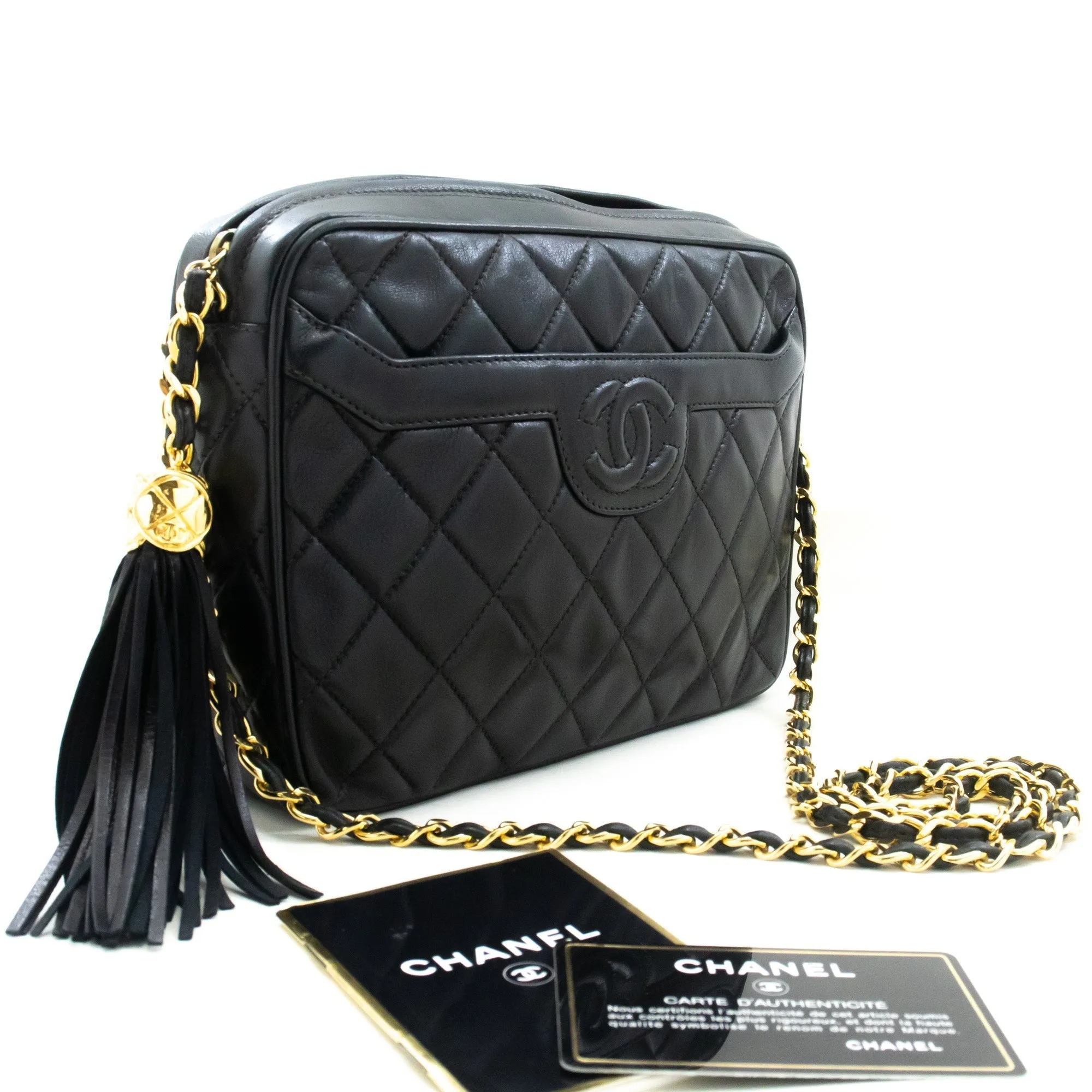 CHANEL Vintage Tassel Chain Shoulder Bag Black Quilted Zipper Lamb