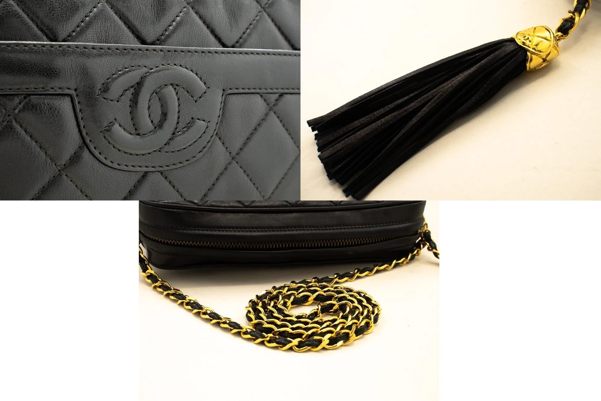 CHANEL Vintage Tassel Chain Shoulder Bag Black Quilted Zipper Lamb