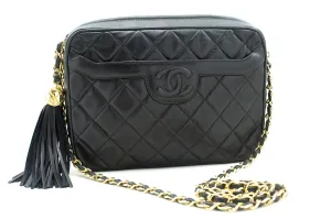 CHANEL Vintage Tassel Chain Shoulder Bag Black Quilted Zipper Lamb
