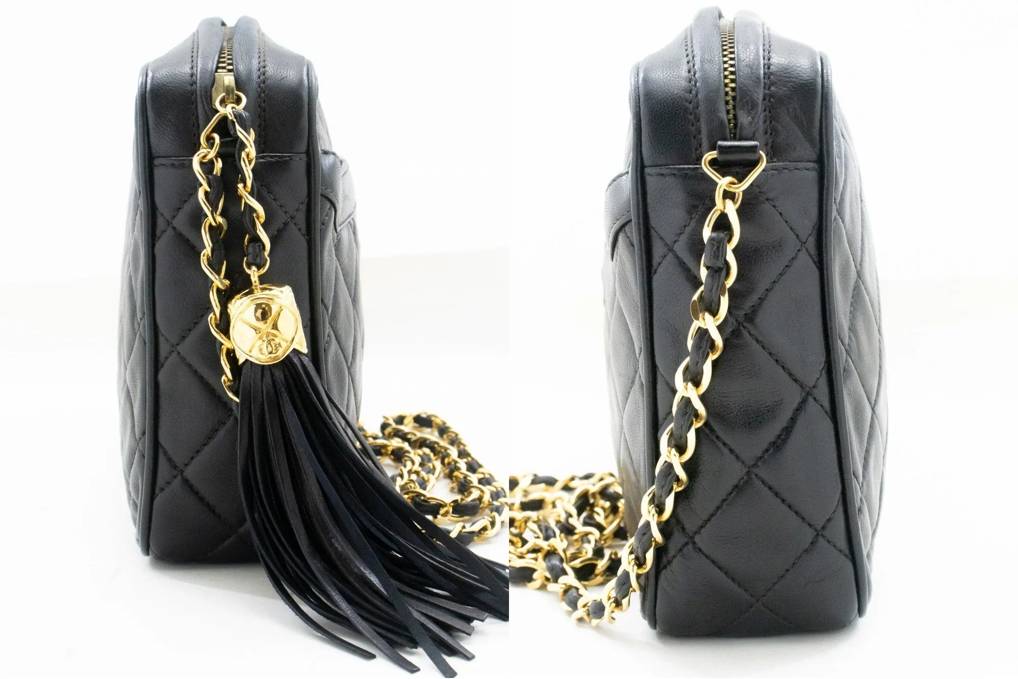 CHANEL Vintage Tassel Chain Shoulder Bag Black Quilted Zipper Lamb
