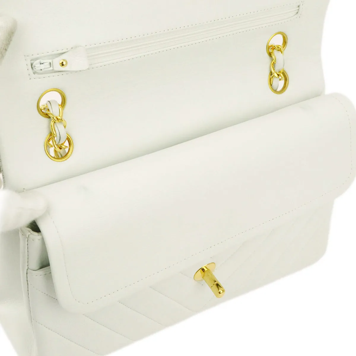 Chanel White Lambskin V Stitch Medium Classic Double Flap Shoulder Bag