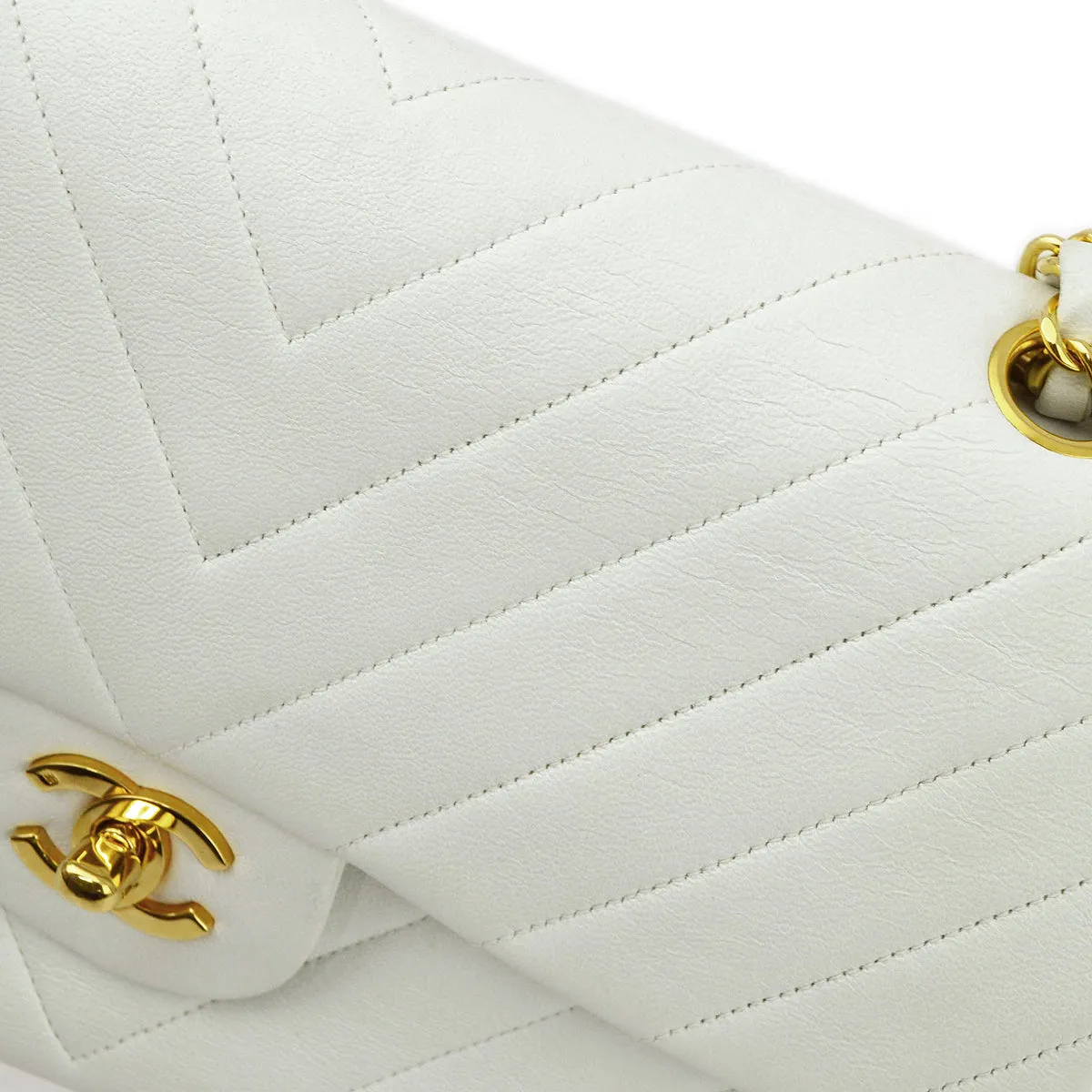 Chanel White Lambskin V Stitch Medium Classic Double Flap Shoulder Bag