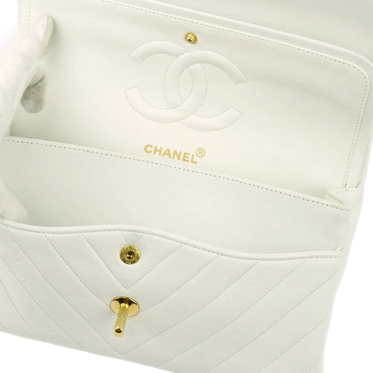 Chanel White Lambskin V Stitch Medium Classic Double Flap Shoulder Bag