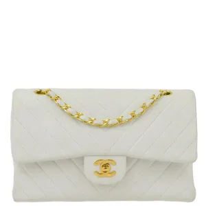 Chanel White Lambskin V Stitch Medium Classic Double Flap Shoulder Bag