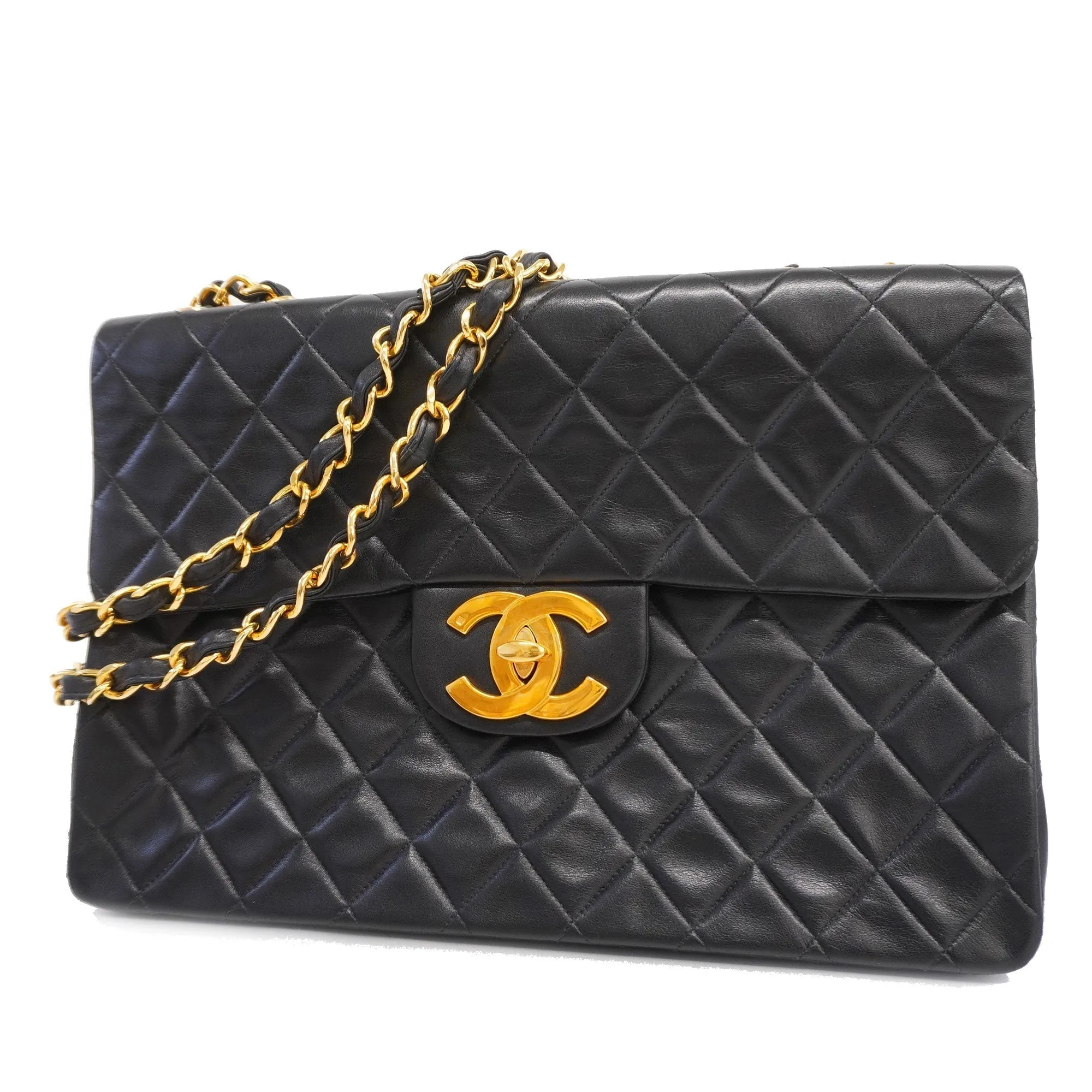 ChanelAuth  Big Matelasse W Chain Women's Leather Shoulder Bag Black