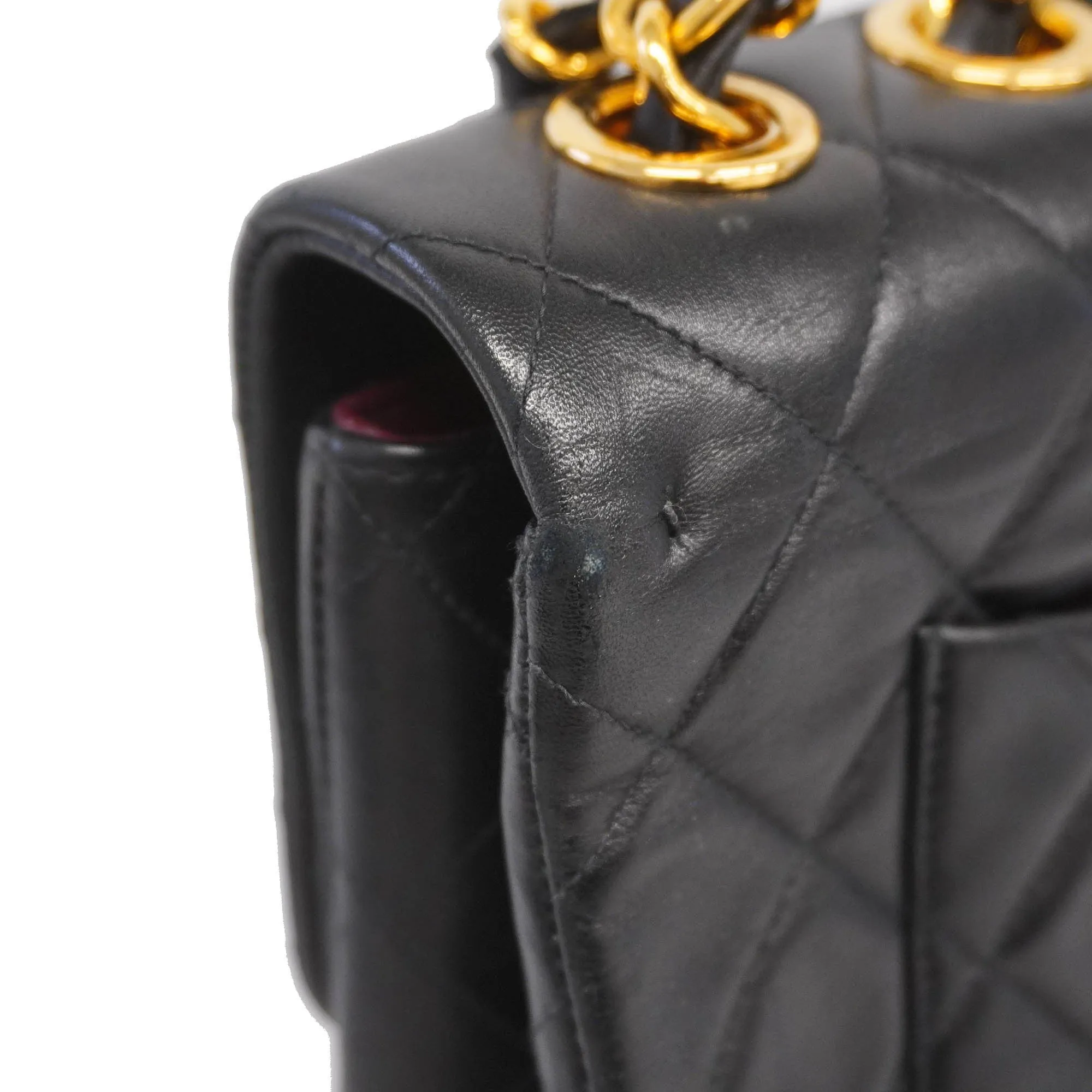 ChanelAuth  Big Matelasse W Chain Women's Leather Shoulder Bag Black