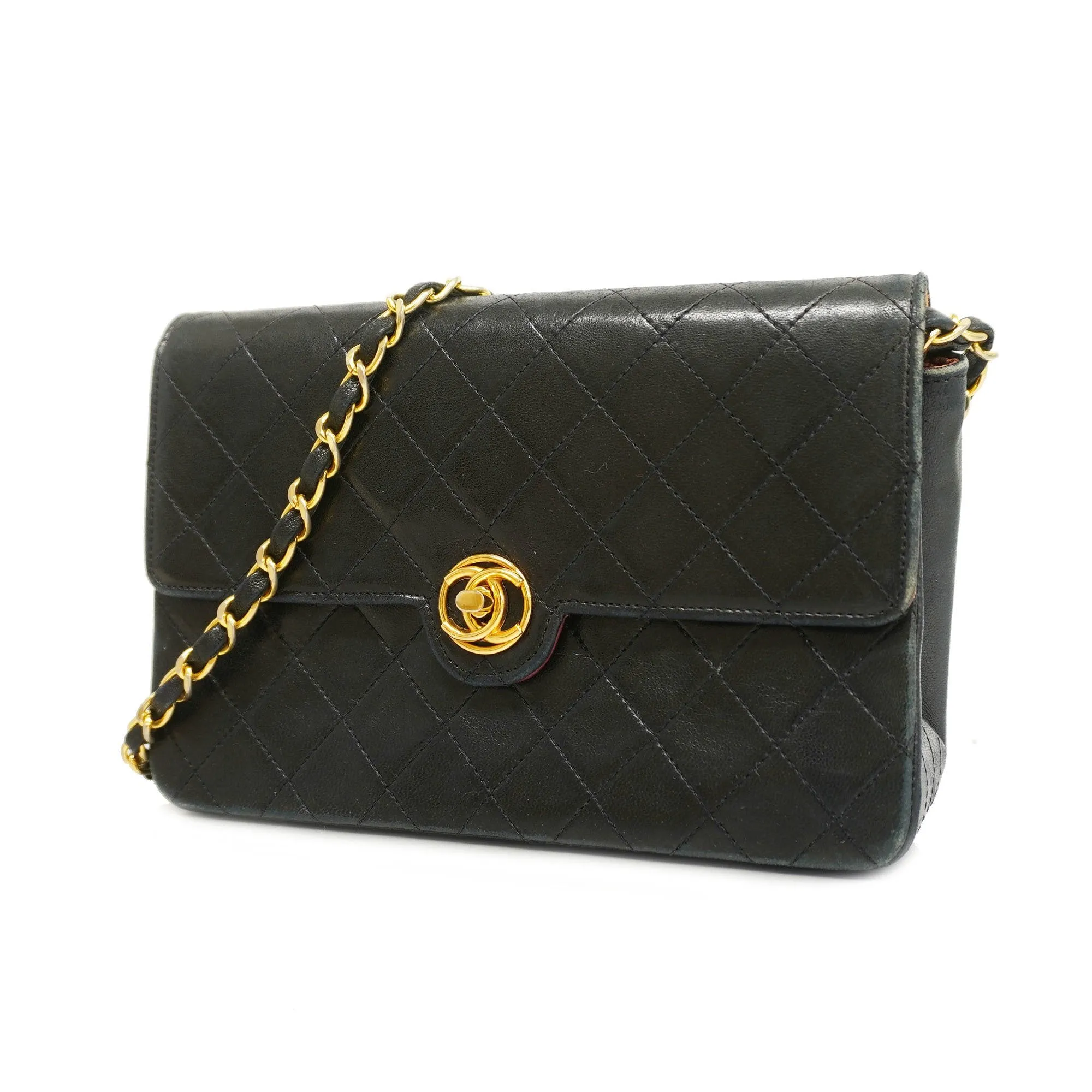 ChanelAuth  Matelasse Chain Shoulder Lambskin Women's Leather Shoulder Bag Black