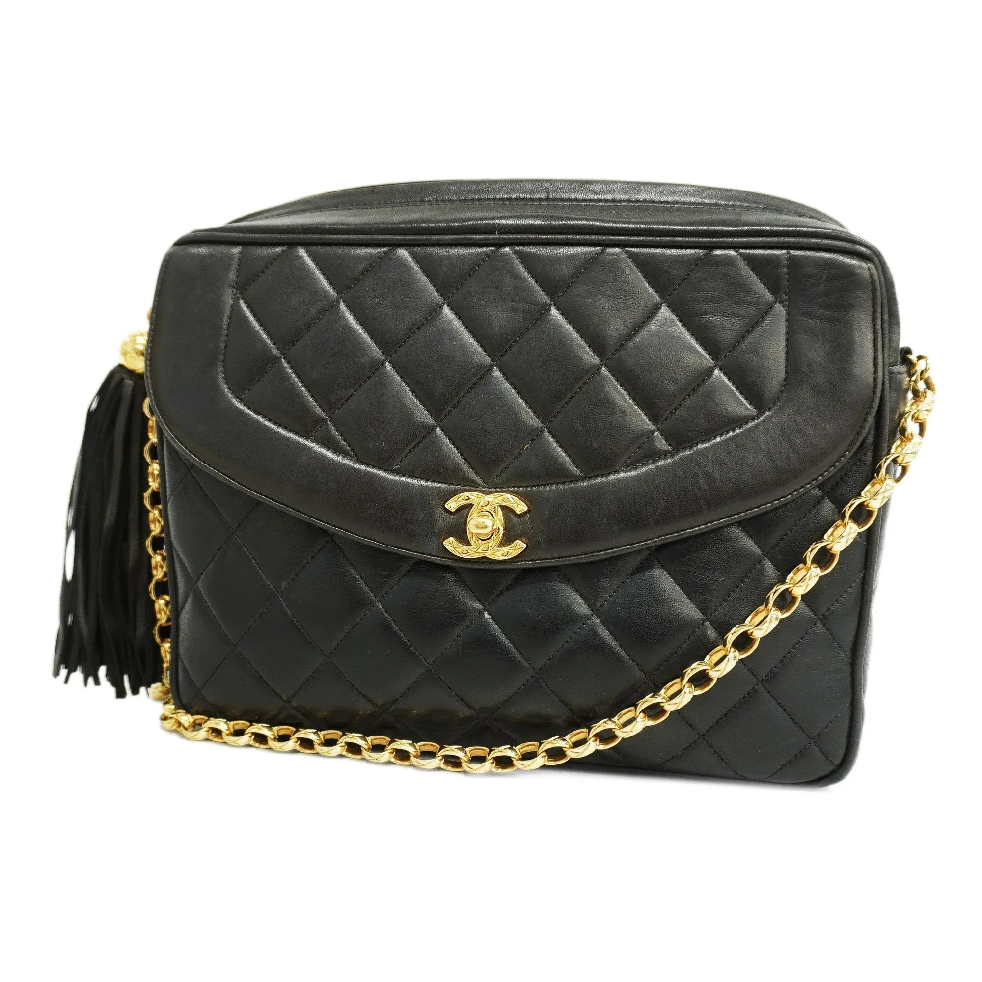 ChanelAuth  Matelasse Chain Shoulder With Fringes Women's Leather Black