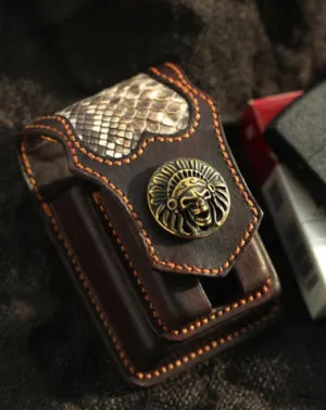 Cool Handmade Indian SKull Leather Mens Cigarette Case with Lighter Holder Belt Loop for Men