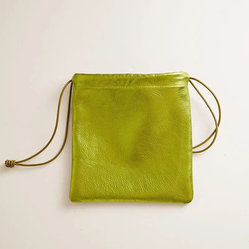 Drawstring Pouch - Leather Metallic Lime