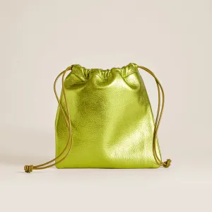 Drawstring Pouch - Leather Metallic Lime