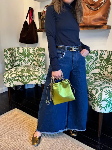 Drawstring Pouch - Leather Metallic Lime