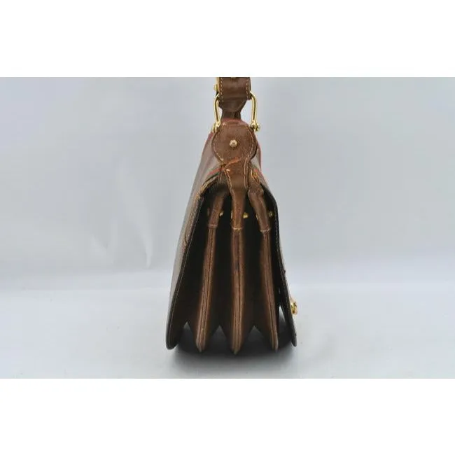 Early Gucci, brown leather saddle bag style, XL two-way shoulder bag or clutch with red and green striped edges