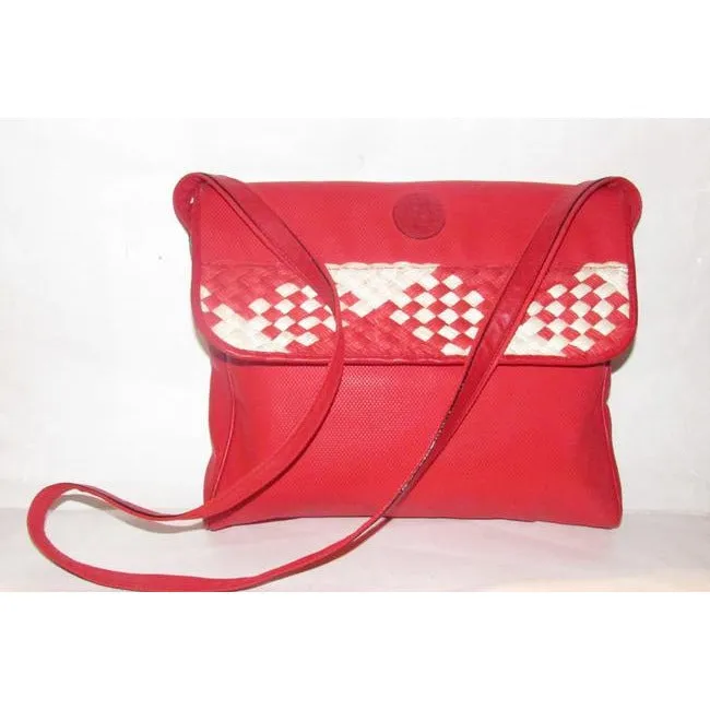 Fendi Sas Envelope Or Shoulder Purse Tomato Red Saffiano Leather And Woven Red And Ivory Jute Cross