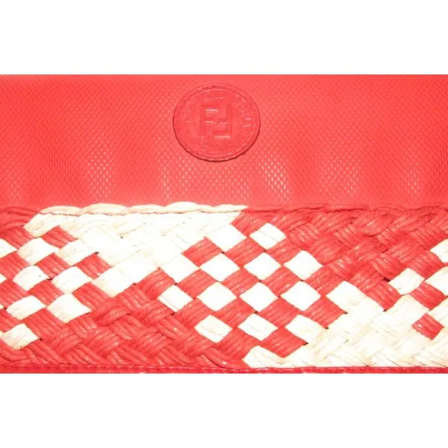 Fendi Sas Envelope Or Shoulder Purse Tomato Red Saffiano Leather And Woven Red And Ivory Jute Cross